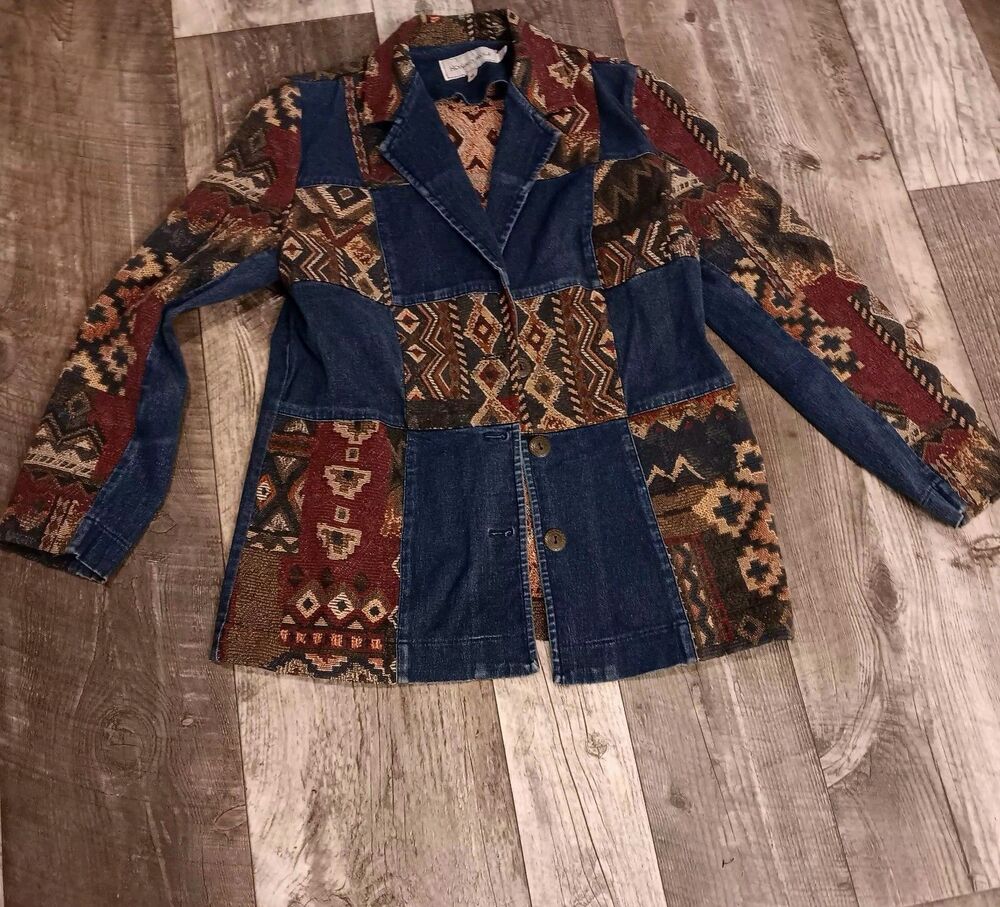Vtg Western Denim Patchwork Blazer Jacket Aztec Boho Southwestern Tapestry Sz 12